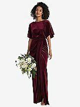 Alt View 1 Thumbnail - Cabernet Flutter Sleeve Open-Back Velvet Maxi Dress with Draped Wrap Skirt