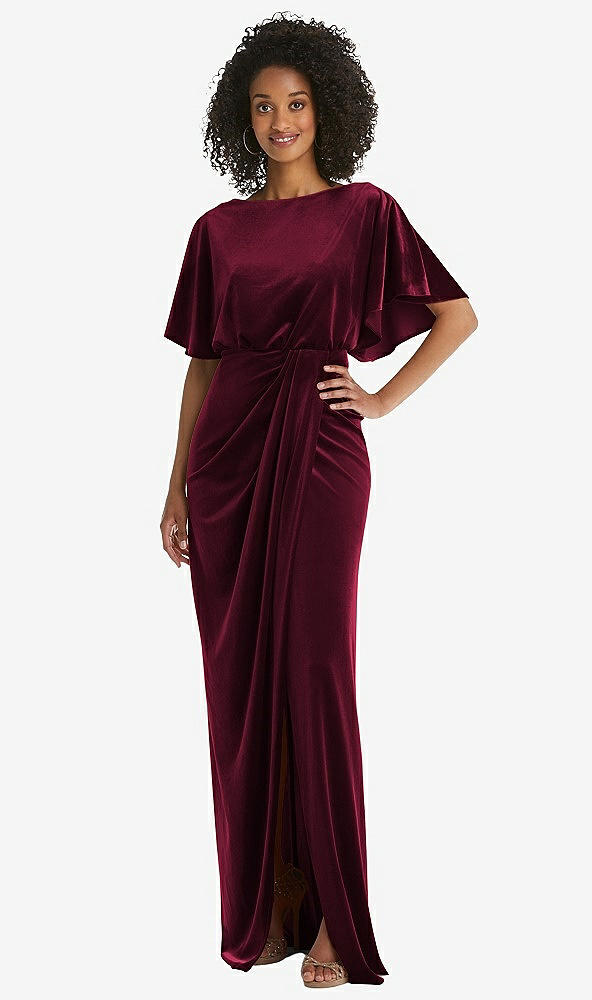 Front View - Cabernet Flutter Sleeve Open-Back Velvet Maxi Dress with Draped Wrap Skirt