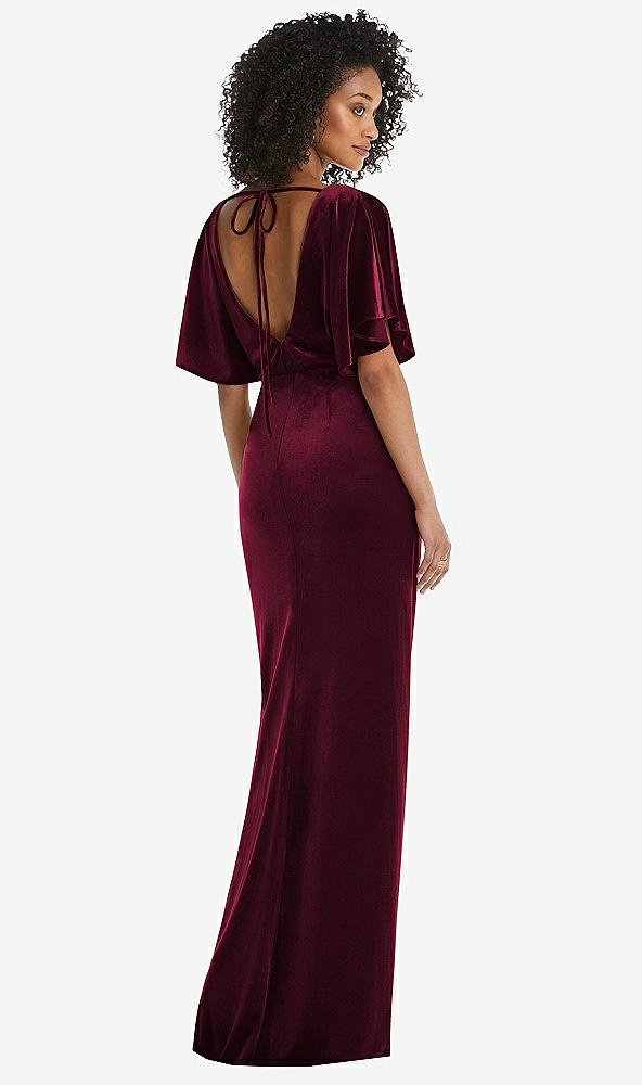 Back View - Cabernet Flutter Sleeve Open-Back Velvet Maxi Dress with Draped Wrap Skirt