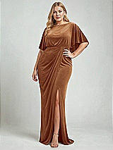 Alt View 2 Thumbnail - Golden Almond Flutter Sleeve Open-Back Velvet Maxi Dress with Draped Wrap Skirt