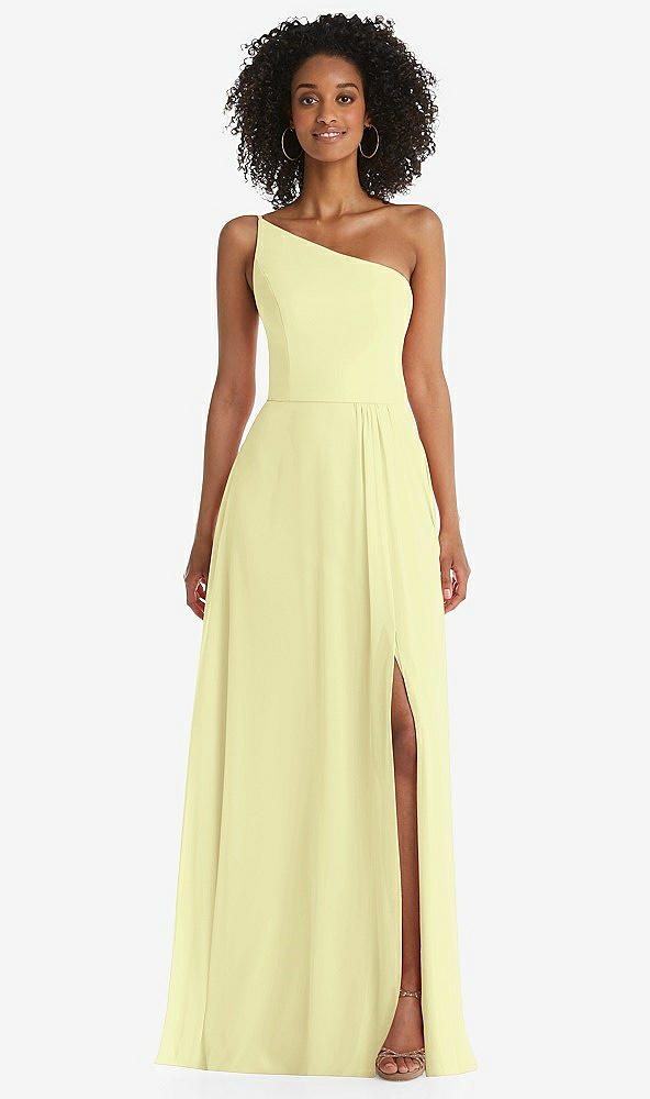 Front View - Butter Yellow One-Shoulder Chiffon Maxi Dress with Shirred Front Slit