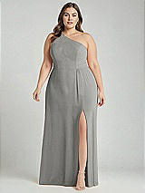 Alt View 1 Thumbnail - Chelsea Gray One-Shoulder Chiffon Maxi Dress with Shirred Front Slit