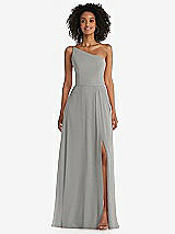 Front View Thumbnail - Chelsea Gray One-Shoulder Chiffon Maxi Dress with Shirred Front Slit