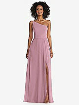 Front View Thumbnail - Dusty Pink One-Shoulder Chiffon Maxi Dress with Shirred Front Slit