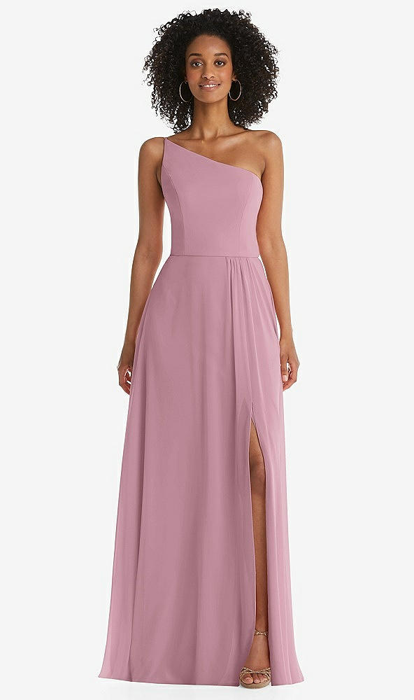 Front View - Dusty Pink One-Shoulder Chiffon Maxi Dress with Shirred Front Slit