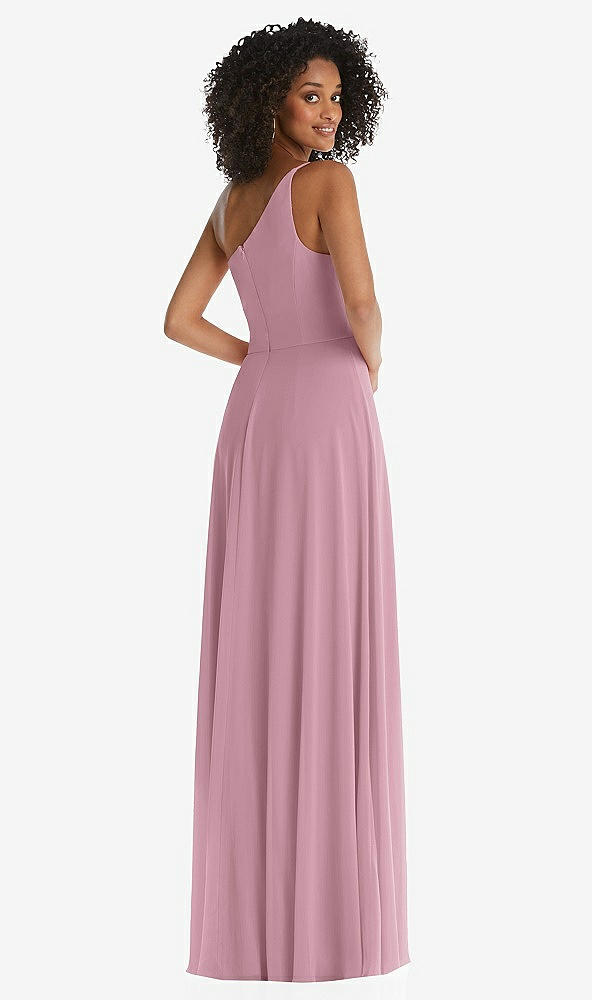 Back View - Dusty Pink One-Shoulder Chiffon Maxi Dress with Shirred Front Slit