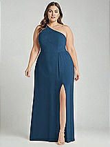 Alt View 1 Thumbnail - Dusk Blue One-Shoulder Chiffon Maxi Dress with Shirred Front Slit