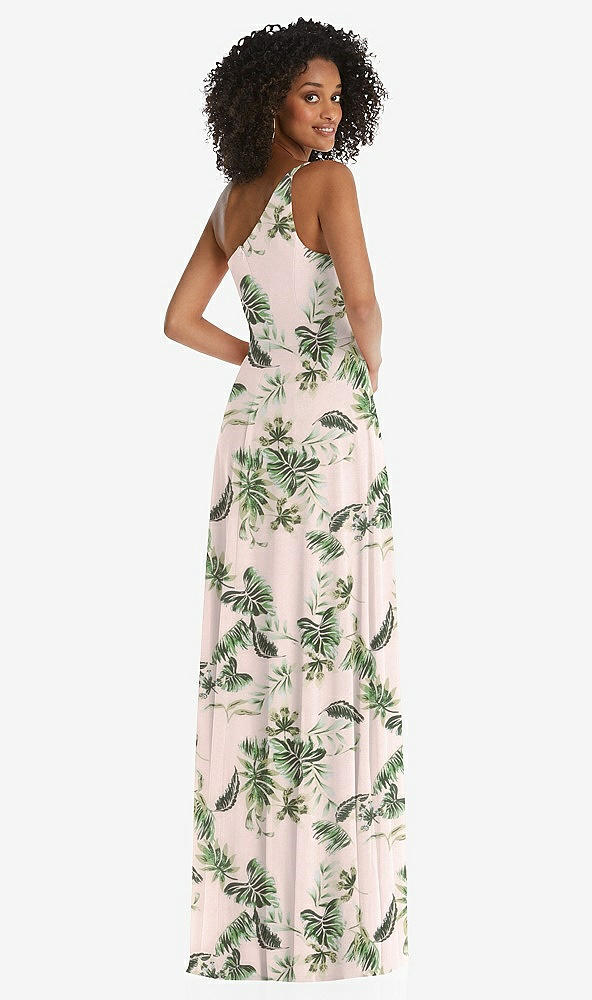 Back View - Palm Beach Print One-Shoulder Chiffon Maxi Dress with Shirred Front Slit