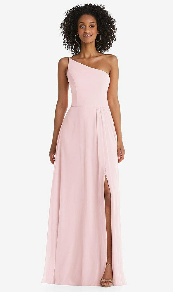 Front View - Ballet Pink One-Shoulder Chiffon Maxi Dress with Shirred Front Slit