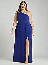 Alt View 1 Thumbnail - Cobalt Blue One-Shoulder Chiffon Maxi Dress with Shirred Front Slit