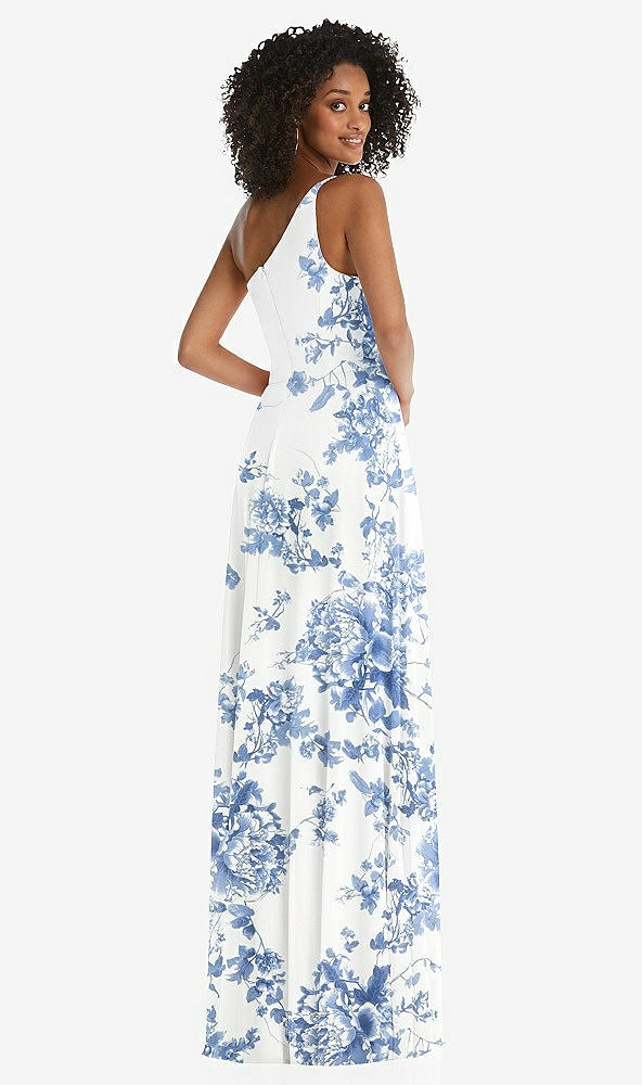 Back View - Cottage Rose Dusk Blue One-Shoulder Chiffon Maxi Dress with Shirred Front Slit