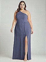 Alt View 1 Thumbnail - French Blue One-Shoulder Chiffon Maxi Dress with Shirred Front Slit
