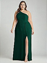Alt View 1 Thumbnail - Hunter Green One-Shoulder Chiffon Maxi Dress with Shirred Front Slit