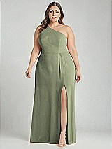Alt View 1 Thumbnail - Sage One-Shoulder Chiffon Maxi Dress with Shirred Front Slit