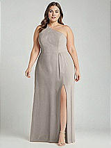 Alt View 1 Thumbnail - Taupe One-Shoulder Chiffon Maxi Dress with Shirred Front Slit