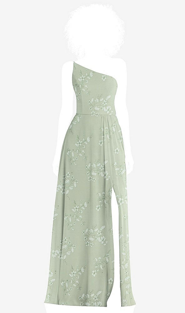 Front View - Vintage Primrose Sage One-Shoulder Chiffon Maxi Dress with Shirred Front Slit