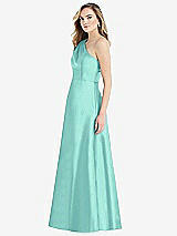 Side View Thumbnail - Coastal Pleated Draped One-Shoulder Satin Maxi Dress with Pockets