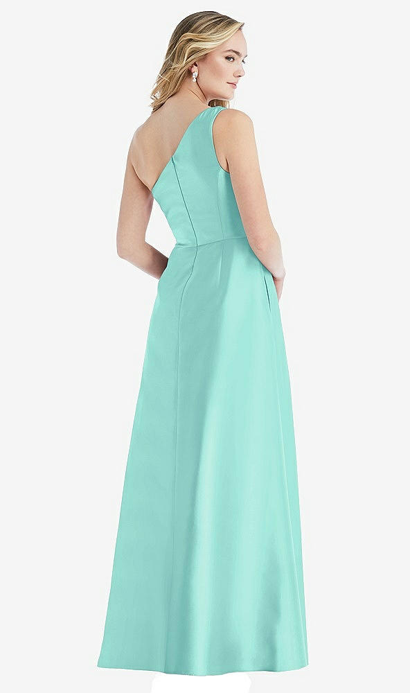 Back View - Coastal Pleated Draped One-Shoulder Satin Maxi Dress with Pockets