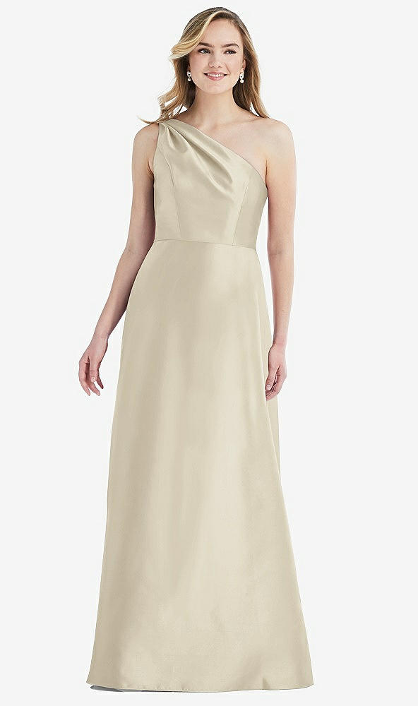 Front View - Champagne Pleated Draped One-Shoulder Satin Maxi Dress with Pockets