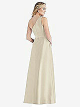 Rear View Thumbnail - Champagne Pleated Draped One-Shoulder Satin Maxi Dress with Pockets