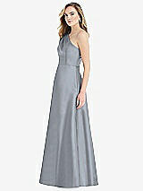 Side View Thumbnail - French Blue Pleated Draped One-Shoulder Satin Maxi Dress with Pockets