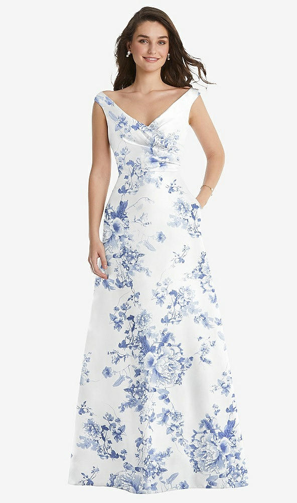 Front View - Cottage Rose Larkspur Off-the-Shoulder Draped Wrap Floral Satin Maxi Dress