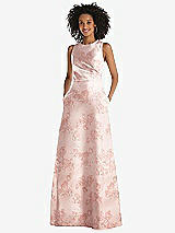 Front View Thumbnail - Bow And Blossom Print Jewel Neck Asymmetrical Shirred Bodice Floral Satin Maxi Dress