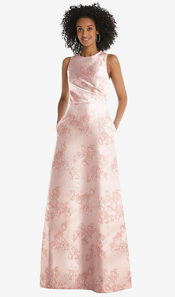 Front View - Bow And Blossom Print Jewel Neck Asymmetrical Shirred Bodice Floral Satin Maxi Dress