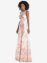 Side View Thumbnail - Bow And Blossom Print Jewel Neck Asymmetrical Shirred Bodice Floral Satin Maxi Dress