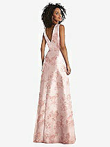 Rear View Thumbnail - Bow And Blossom Print Jewel Neck Asymmetrical Shirred Bodice Floral Satin Maxi Dress