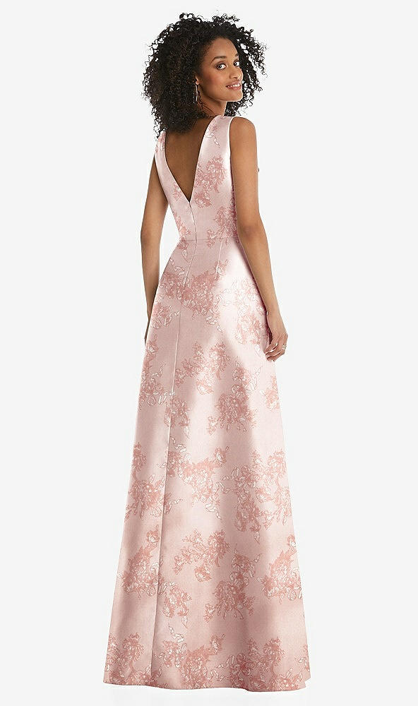 Back View - Bow And Blossom Print Jewel Neck Asymmetrical Shirred Bodice Floral Satin Maxi Dress