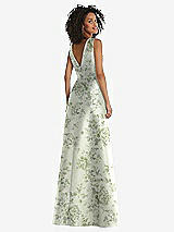 Rear View Thumbnail - Cottage Rose Sage Jewel Neck Asymmetrical Shirred Bodice Floral Satin Maxi Dress