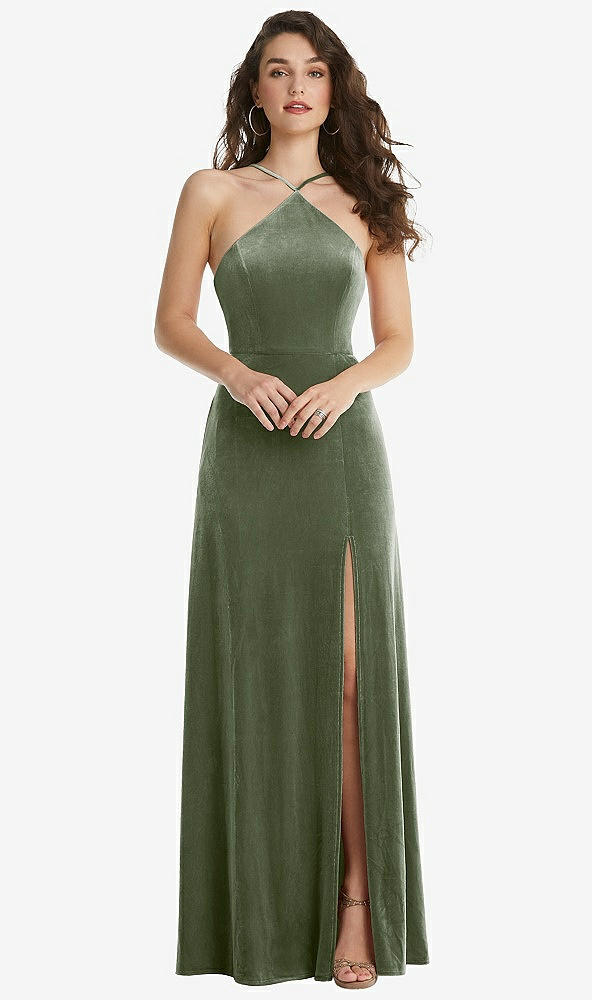 Front View - Sage High Neck Halter Open-Back Velvet Dress - Alix