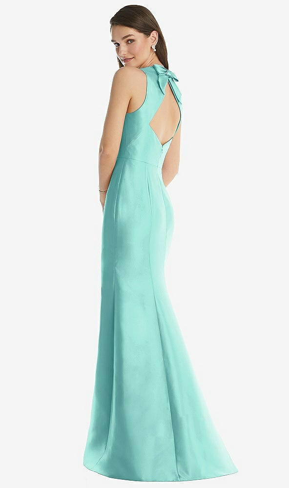 Back View - Coastal Jewel Neck Bowed Open-Back Trumpet Dress with Front Slit