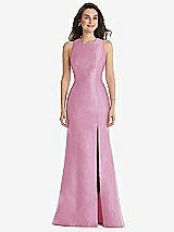 Front View Thumbnail - Powder Pink Jewel Neck Bowed Open-Back Trumpet Dress with Front Slit