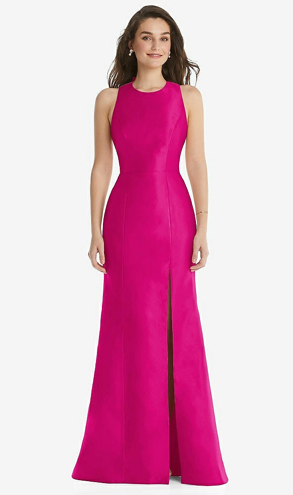Front View - Think Pink Jewel Neck Bowed Open-Back Trumpet Dress with Front Slit