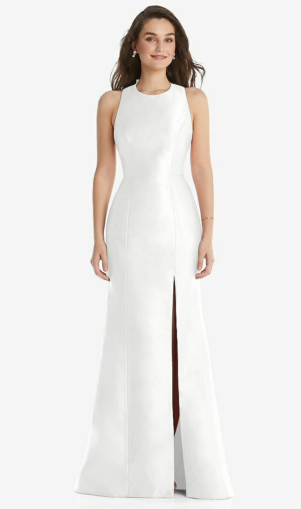 Front View - White Jewel Neck Bowed Open-Back Trumpet Dress with Front Slit