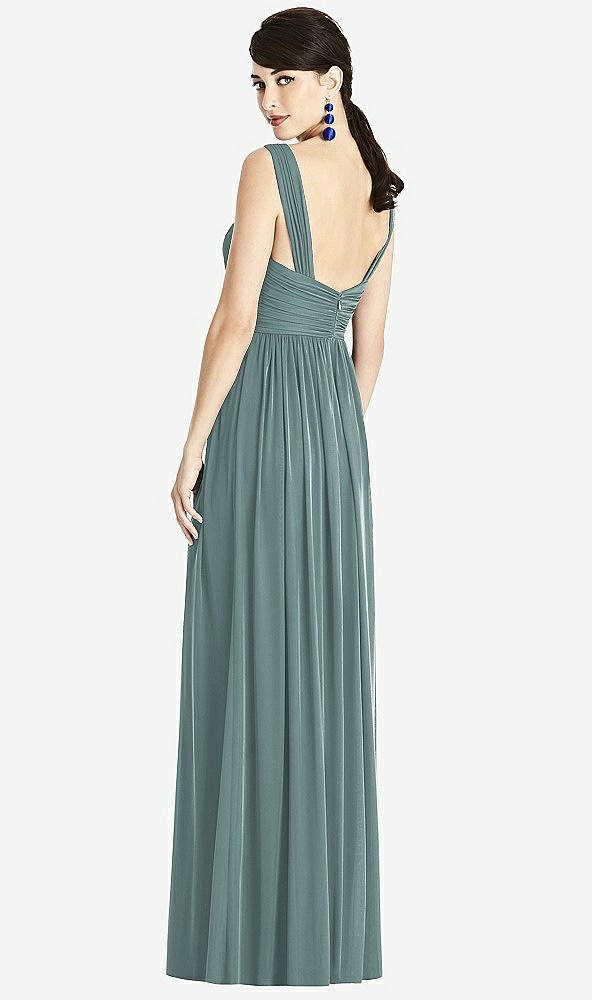 Back View - Smoke Blue & Light Nude Illusion Plunge Neck Shirred Maxi Dress