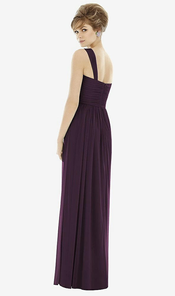 Back View - Aubergine One-Shoulder Asymmetrical Draped Wrap Maxi Dress