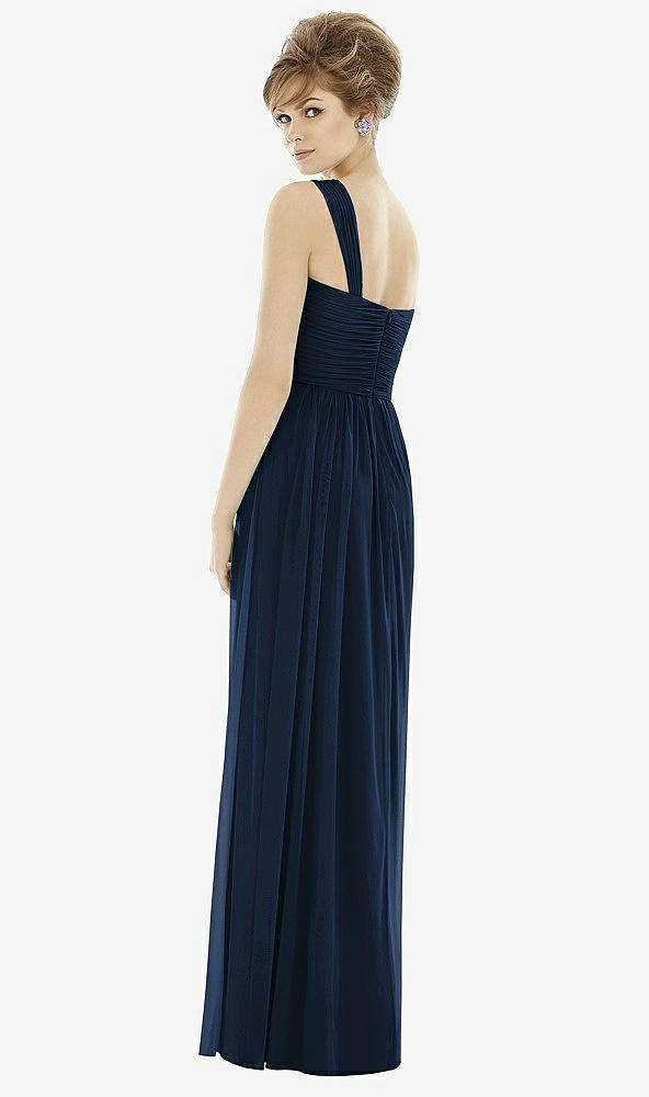 Back View - Midnight Navy One-Shoulder Asymmetrical Draped Wrap Maxi Dress