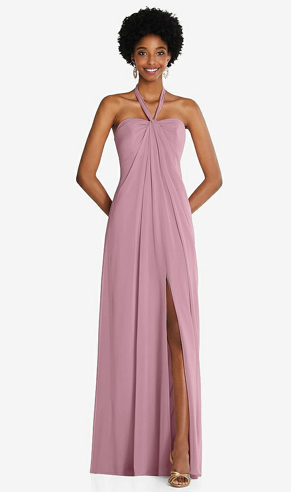 Front View - Dusty Pink Draped Chiffon Grecian Column Gown with Convertible Straps