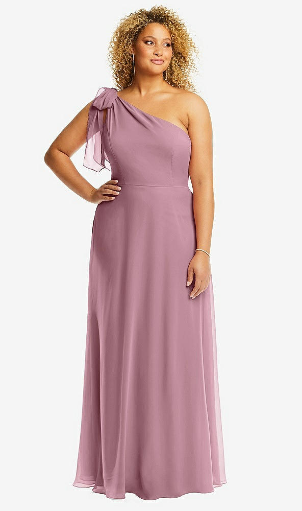 Front View - Dusty Pink Draped One-Shoulder Maxi Dress with Scarf Bow