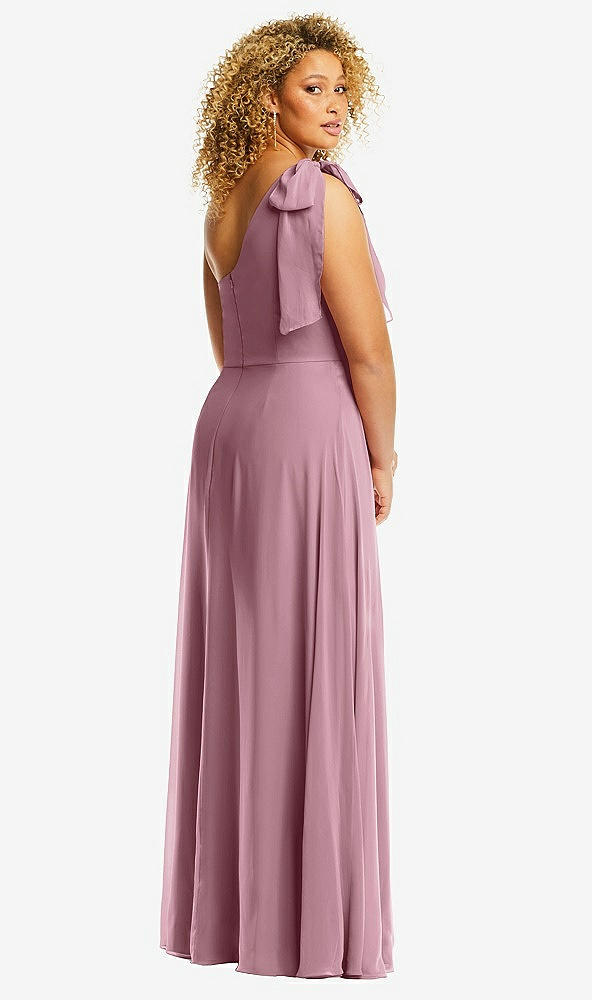 Back View - Dusty Pink Draped One-Shoulder Maxi Dress with Scarf Bow