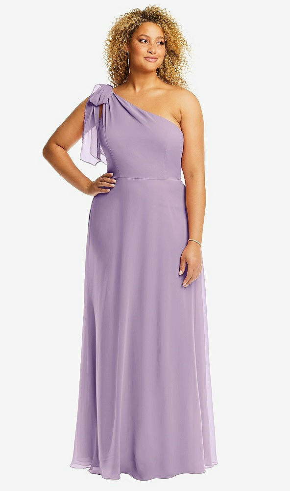 Front View - Pale Purple Draped One-Shoulder Maxi Dress with Scarf Bow