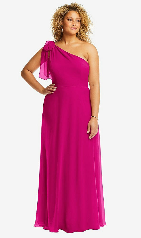 Front View - Think Pink Draped One-Shoulder Maxi Dress with Scarf Bow