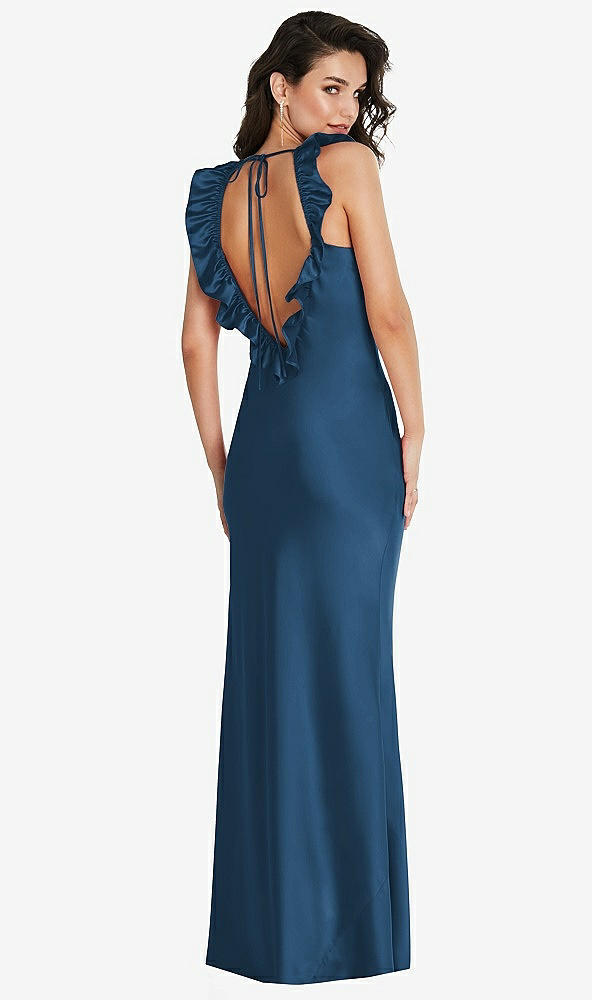 Front View - Dusk Blue Ruffle Trimmed Open-Back Maxi Slip Dress