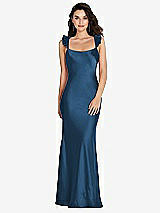 Rear View Thumbnail - Dusk Blue Ruffle Trimmed Open-Back Maxi Slip Dress