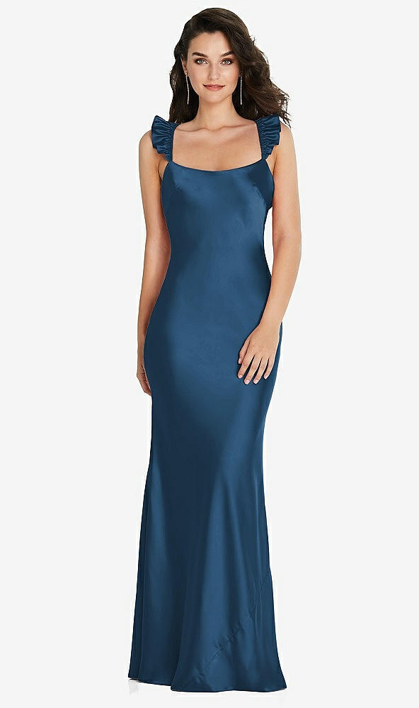 Back View - Dusk Blue Ruffle Trimmed Open-Back Maxi Slip Dress