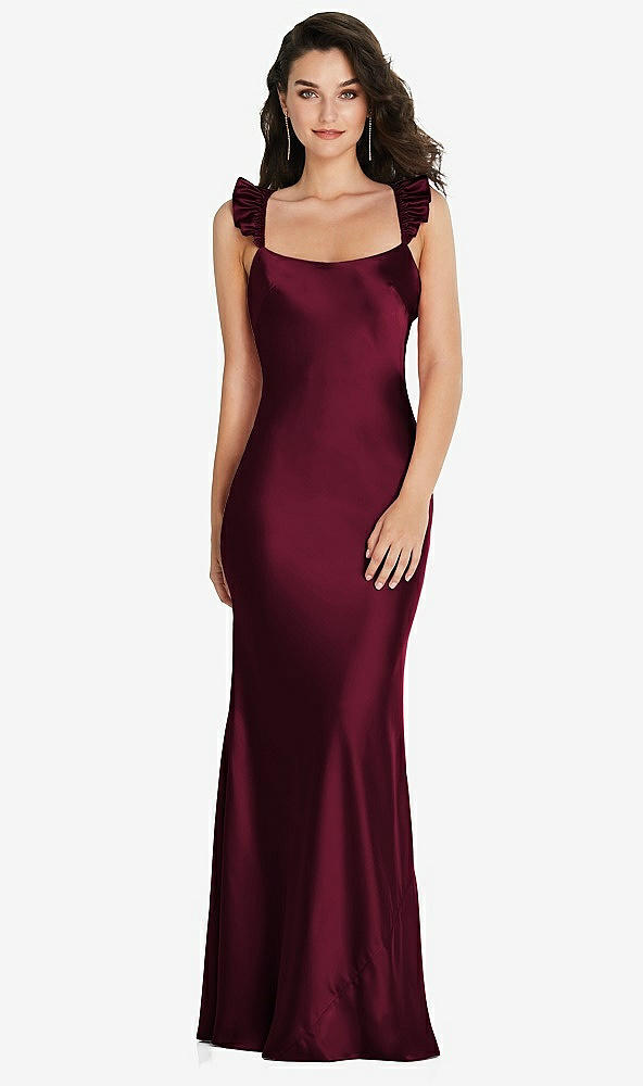 Back View - Cabernet Ruffle Trimmed Open-Back Maxi Slip Dress