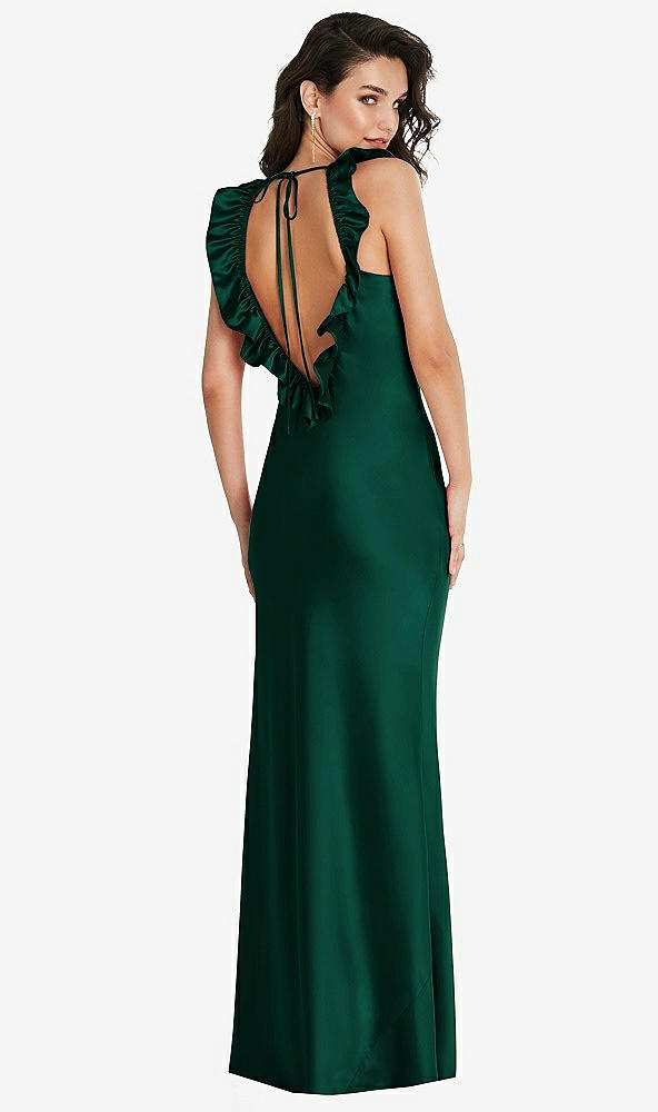 Front View - Hunter Green Ruffle Trimmed Open-Back Maxi Slip Dress